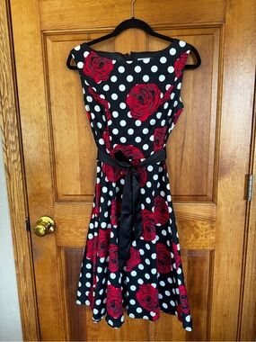 Classic Polka Dot & Rose Fit-and-Flare Dress - Black & Red